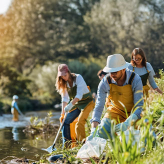 Few people cleaning a river