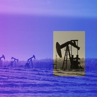 A field with oil pump jacks surrounded by greenery under a cloudy sky and sunlight
