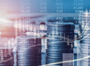 Double exposure financial indices and stock market in accounting market economy analysis with graph business concept background
