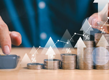 Money interest rate increase concept, percentage commission credit. Grow up stock risk management. Bank policy price raise. Businessman with coin, calculate high percentage of company profit dividend