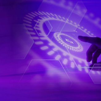 Hand reaching toward a glowing digital interface with a dollar symbol at the center