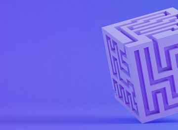 3d render, labyrinth maze in cube shape, lilac background. Occupation, Maze, Footpath, Choices, Problems, Strategy. Neon Lights.