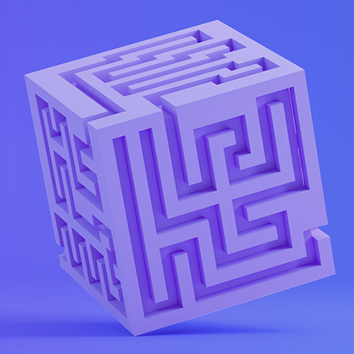 3d render, labyrinth maze in cube shape, lilac background. Occupation, Maze, Footpath, Choices, Problems, Strategy. Neon Lights.