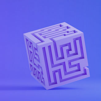 3d render, labyrinth maze in cube shape, lilac background. Occupation, Maze, Footpath, Choices, Problems, Strategy. Neon Lights.