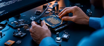 Digital forensics expert analyzing a hard drive, with detailed computer parts scattered on the table and code displayed on a screen 