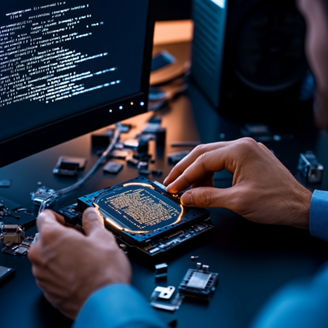 Digital forensics expert analyzing a hard drive, with detailed computer parts scattered on the table and code displayed on a screen 