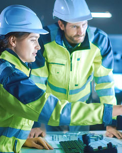A woman and a man wearing hard hats
