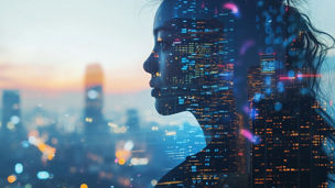 Double exposure: A woman overlaid with cityscape and data, symbolizing the intersection of urban life and digital information