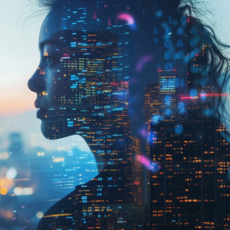 Double exposure: A woman overlaid with cityscape and data, symbolizing the intersection of urban life and digital information