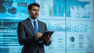 An Indian business leader giving a presentation with growth charts and projections, showcasing successful business expansion and future growth in India