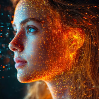 Profile of young woman with digital futuristic orange and blue light particles overlay representing artificial intelligence and technology innovation concept