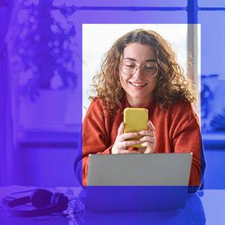 Girl sitting with phone and laptop banner