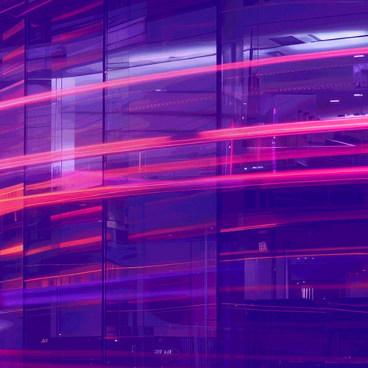 glass building against blue pink laser lights banner