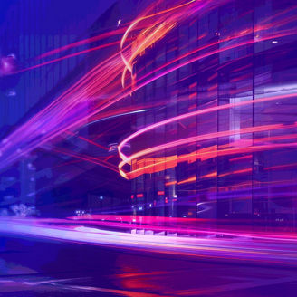 Glass building against blue pink laser