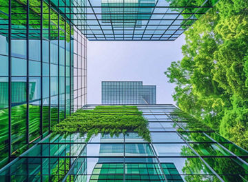 Looking up at a glass building with trees
