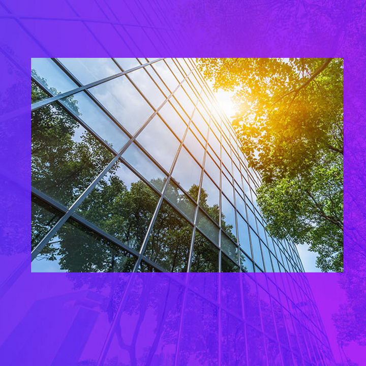 Glass windows of a corporate building banner