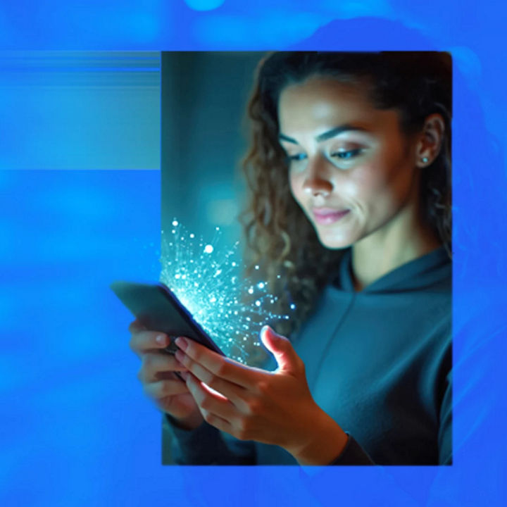A woman gazes at her phone while holding a blue light, symbolizing Client Experience Excellence.