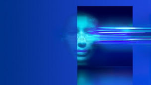 A close up of a person looking ahead with a transition graphic moving to the right of the face