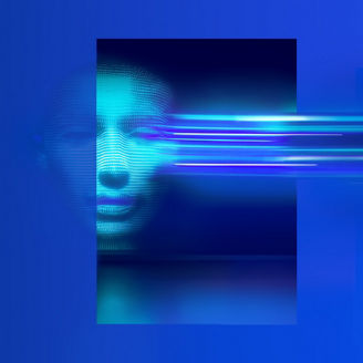 Rosto digital em tons de azul, formado por pontos luminosos, com linhas horizontais a atravessar a imagem sobre fundo azul.