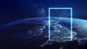 A digital view of the UK at night with illuminated data connections extending across the country