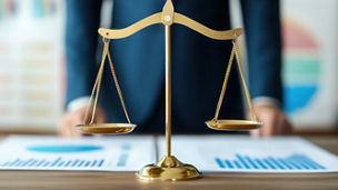 A close-up of a balance scale in front of a professional, symbolizing justice and law, with graphs in the background emphasizing analytical decision-making.