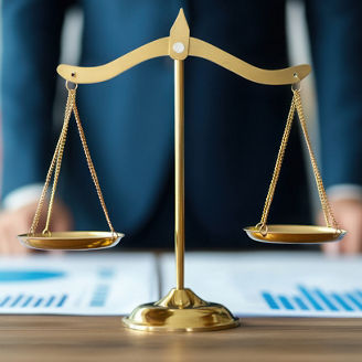 A close-up of a balance scale in front of a professional, symbolizing justice and law, with graphs in the background emphasizing analytical decision-making.