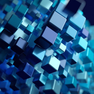 Rising momentum of data intelligence. Big data and Ai core data concept image.  Dark and light metallic blue block stacked and rising. Shallow depth  of field. 3D illustration, 3D rendering.