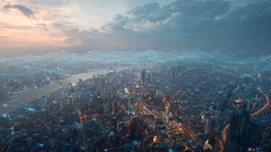 a wide shot of a modern city at dusk with a digital data map overlaid on top of it, Ultra-realistic, cinematic composition, high dynamic range, detailed textures, natural color grading, 8k resolution, professional aerial photography style, --ar 16:9 --v 7 Job ID: 645b9635-c5ea-412d-88d9-cababf7287d3