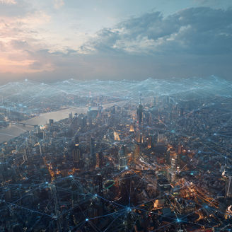 a wide shot of a modern city at dusk with a digital data map overlaid on top of it, Ultra-realistic, cinematic composition, high dynamic range, detailed textures, natural color grading, 8k resolution, professional aerial photography style, --ar 16:9 --v 7 Job ID: 645b9635-c5ea-412d-88d9-cababf7287d3