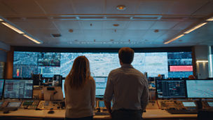 Wide shot from behind two colleagues stand in front of a large screen in a modern control room, strip lighting gives it a modern edge, windows to the side of the room give subtle warm lighting, shallow depth of field, cinematic lighting, professional lens bokeh, ultra-detailed photorealism, beautifully composed, 8k resolution, --ar 16:9 --v 7 Job ID: 963f3b7a-c50b-4e59-8f06-4fd916743588