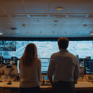 Wide shot from behind two colleagues stand in front of a large screen in a modern control room, strip lighting gives it a modern edge, windows to the side of the room give subtle warm lighting, shallow depth of field, cinematic lighting, professional lens bokeh, ultra-detailed photorealism, beautifully composed, 8k resolution, --ar 16:9 --v 7 Job ID: 963f3b7a-c50b-4e59-8f06-4fd916743588