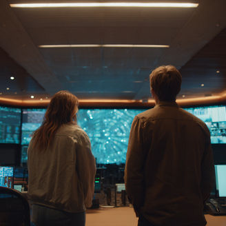 Wide shot from behind two colleagues stand in front of a large screen in a modern control room, strip lighting gives it a modern edge, windows to the side of the room give subtle warm lighting, shallow depth of field, cinematic lighting, professional lens bokeh, ultra-detailed photorealism, beautifully composed, 8k resolution, --ar 16:9 --v 7 Job ID: f0e34bf8-c7ca-42d2-8406-4ffc8187ebfd