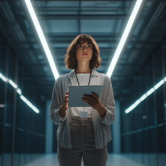 professional employee stood in the middle a vast contemporary data center, they are holding a tablet in their hands, photo realism, cinematic, strip lighting gives it a slightly futuristic vibe, Arri Alexa with Cooke 100mm prime lens, soft natural lighting, Vogue editorial style, 8K, ultra-detailed, high fashion aesthetic, --ar 16:9 --v 7 Job ID: 7a8847a4-2e1a-498e-b77f-90db6687f8cb