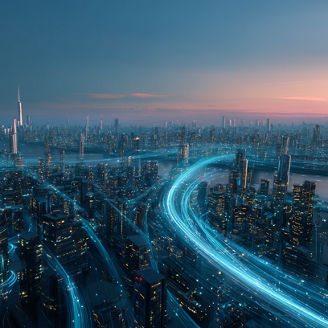 ultra wide shot of a modern city with streams of blue data moving through it, dusk with pinky orange hues on the horizon, cinematic lighting, ultra-realistic, highly detailed, dynamic composition, vibrant colors, sharp focus --ar 16:9 --v 7 Job ID: 60811e5e-28b4-4aa7-be0f-2f0e6c9df22f