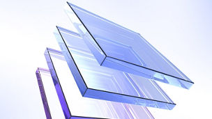 3d abstract glass square shapes in row. Iridescent crystal transparent plates, flying rainbow panels with holographic gradient, dispersion light for ui design, digital tech background. 3D illustration