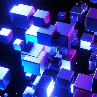 Abstract background 3D, many cubes with neon purple blue glow on black interesting science technology background, 3D render illustration.