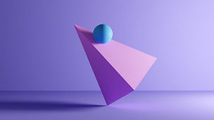 Sphere or ball on balance on a rotating pyramid prism geometric shape on purple background. Abstract 3D background illustration.
