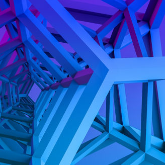 3d rendering of abstract sculptural geometric shapes with neon lights, purple and blue colors.