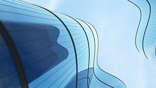Low angle view of futuristic architecture, Skyscraper of office building with curve glass window, 3D rendering.