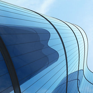 Low angle view of futuristic architecture, Skyscraper of office building with curve glass window, 3D rendering.
