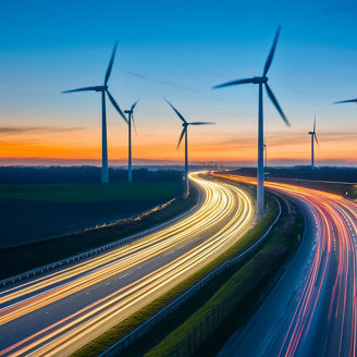 Twilight long exposure of traffic motion on highway with wind turbines and lit infrastructure