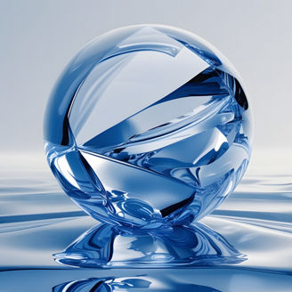 crystal globe in water. 3d render of surreal panoramic background. Abstract minimal wallpaper of fantastic landscape with glass eroded sphere, hills and reflection in glass globe on blue background.