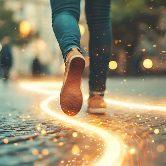 A person is walking on a street with a line of light behind them. The light is creating a trail of sparks, giving the impression of a glowing path. The scene is set in a city, with cars