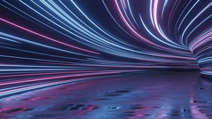 3D Rendering of curved tunnel with led glowing lights on ceiling and reflection from puddle on wet dark street surface. Concept for fast business technology, car advertising background