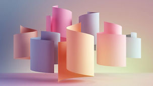 3d render, paper ribbon rolls, abstract shapes, fashion background, swirl, pastel neon scrolls, curl, spiral, cylinder