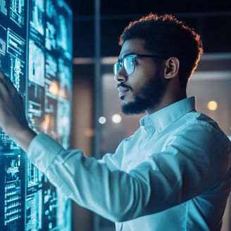 Businessman Interacting With Digital Interface  Futuristic Technology  Big Data Analysis  Innovation  Modern Office