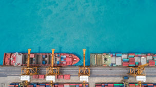 Aerial view container ship from sea port for import  export or transportation concept background.