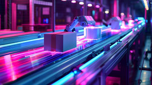 Long time exposure photography of a packaging station in a high-tech production line, bathed in vibrant neon lights