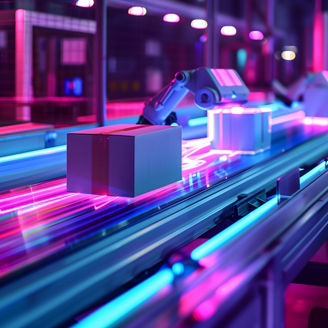Long time exposure photography of a packaging station in a high-tech production line, bathed in vibrant neon lights