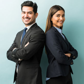 Latin confident professionals in suit standing against isolated background